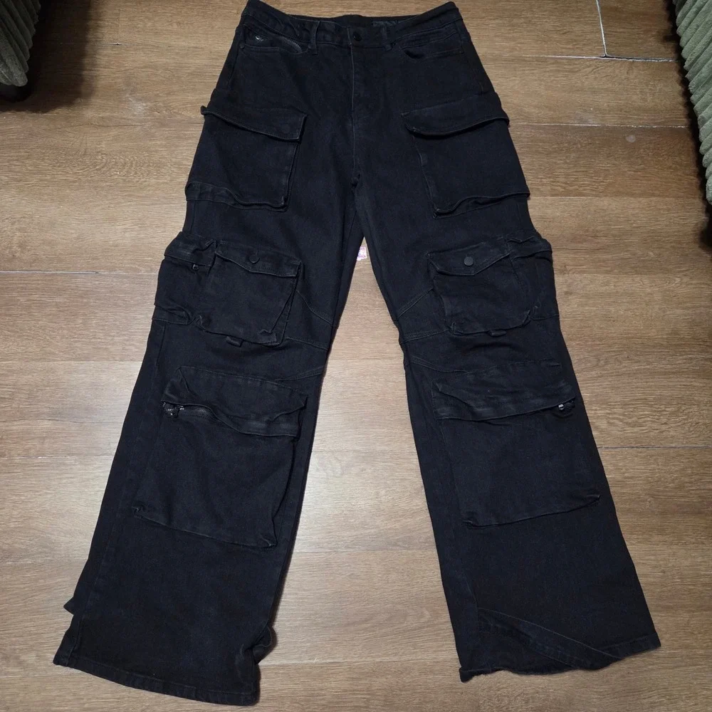 Rockstar Original Mens Baggy Fit Cargo Jeans Black Grunge Wide Leg RSM250 32